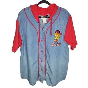 Vintage 90s Tweety Bird Looney Tunes Embroidered Hooded Baseball Denim Shirt L